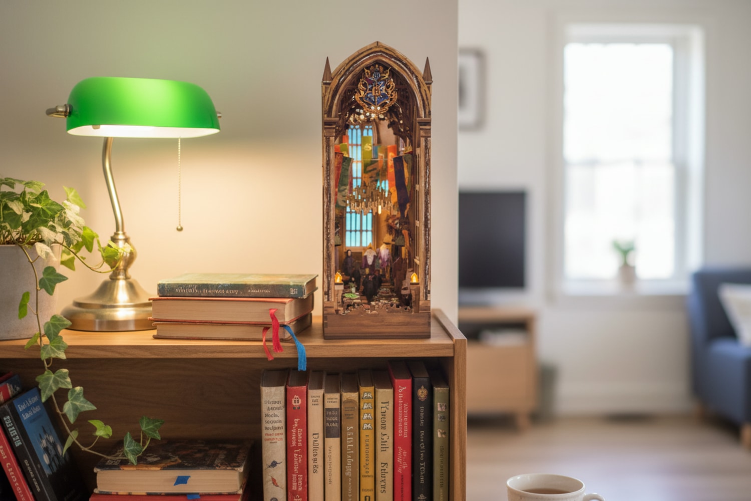 Book Nook Auditorium Magique Hogwarts Nookora dans bibliothèque cosy IKEA avec lampe banker verte et lierre · diorama miniature français