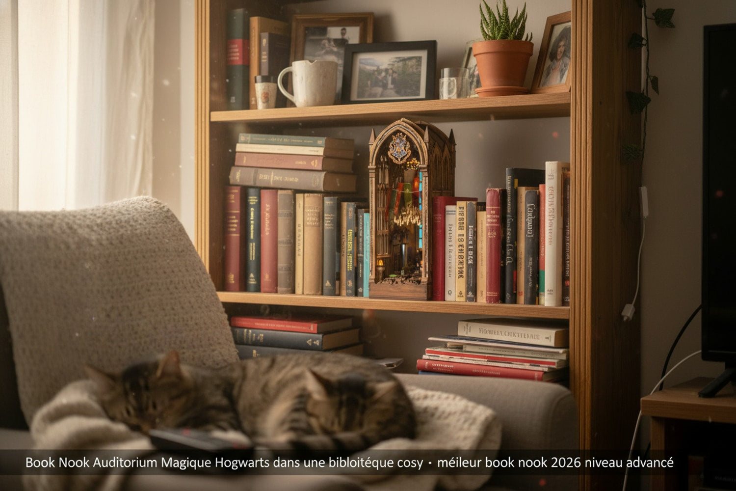 Book Nook Auditorium Magique Hogwarts dans une bibliothèque cosy · meilleur book nook 2026 niveau avancé