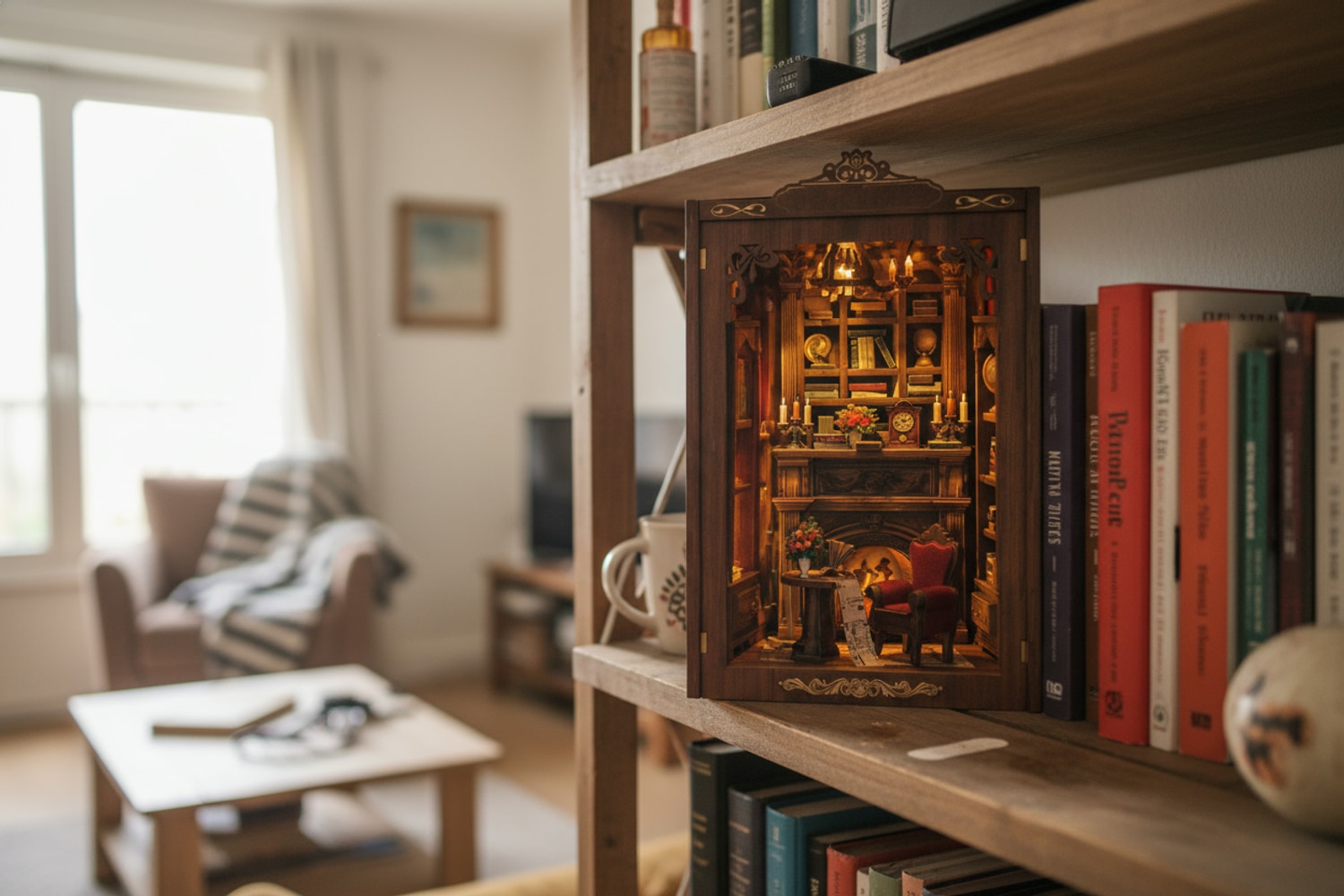 Book Nook Bibliothèque du Crépuscule en gros plan · qualité MDF découpe laser
