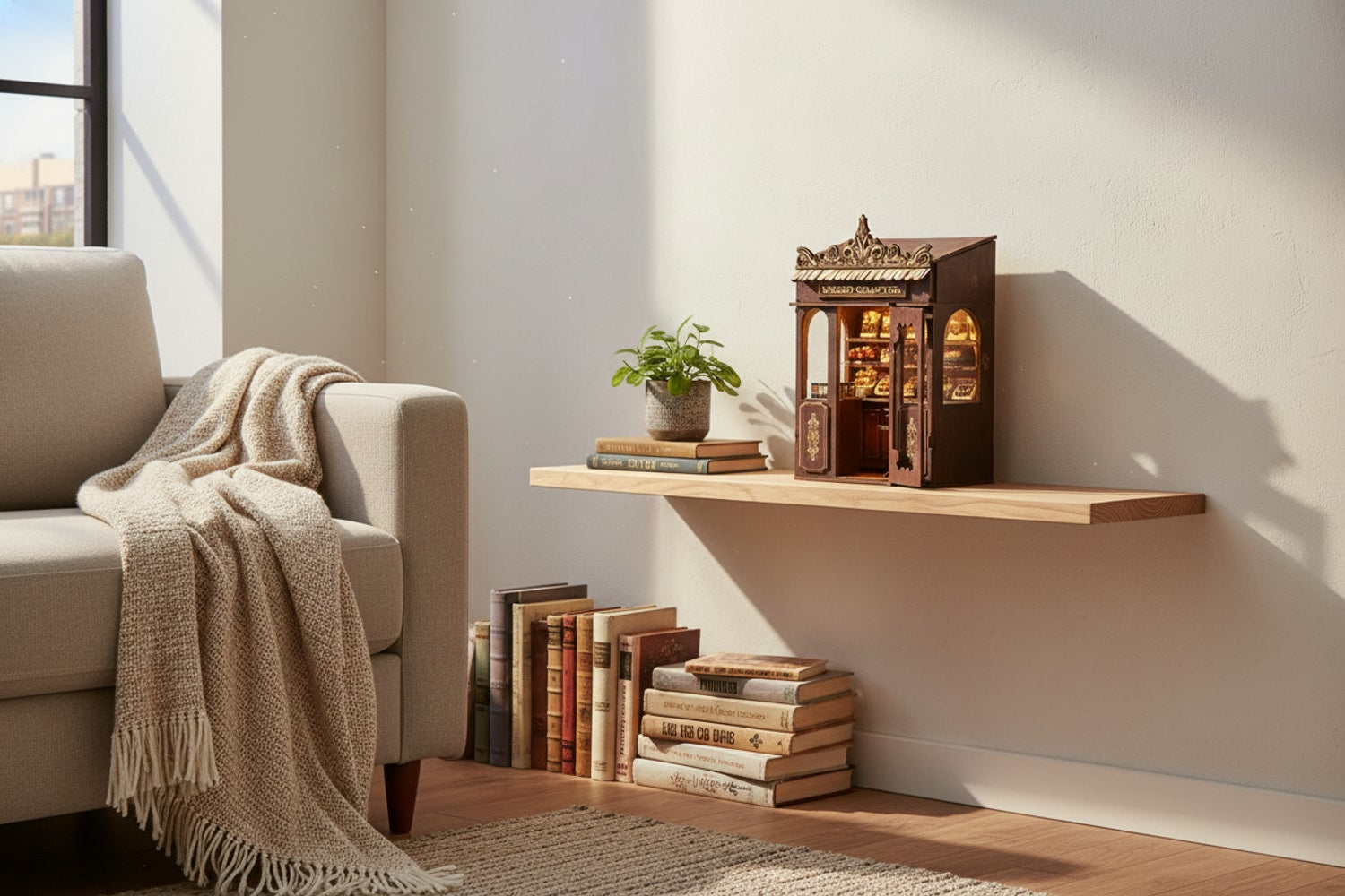 Book Nook Café du Coin posé sur étagère salon · acheter book nook France atelier