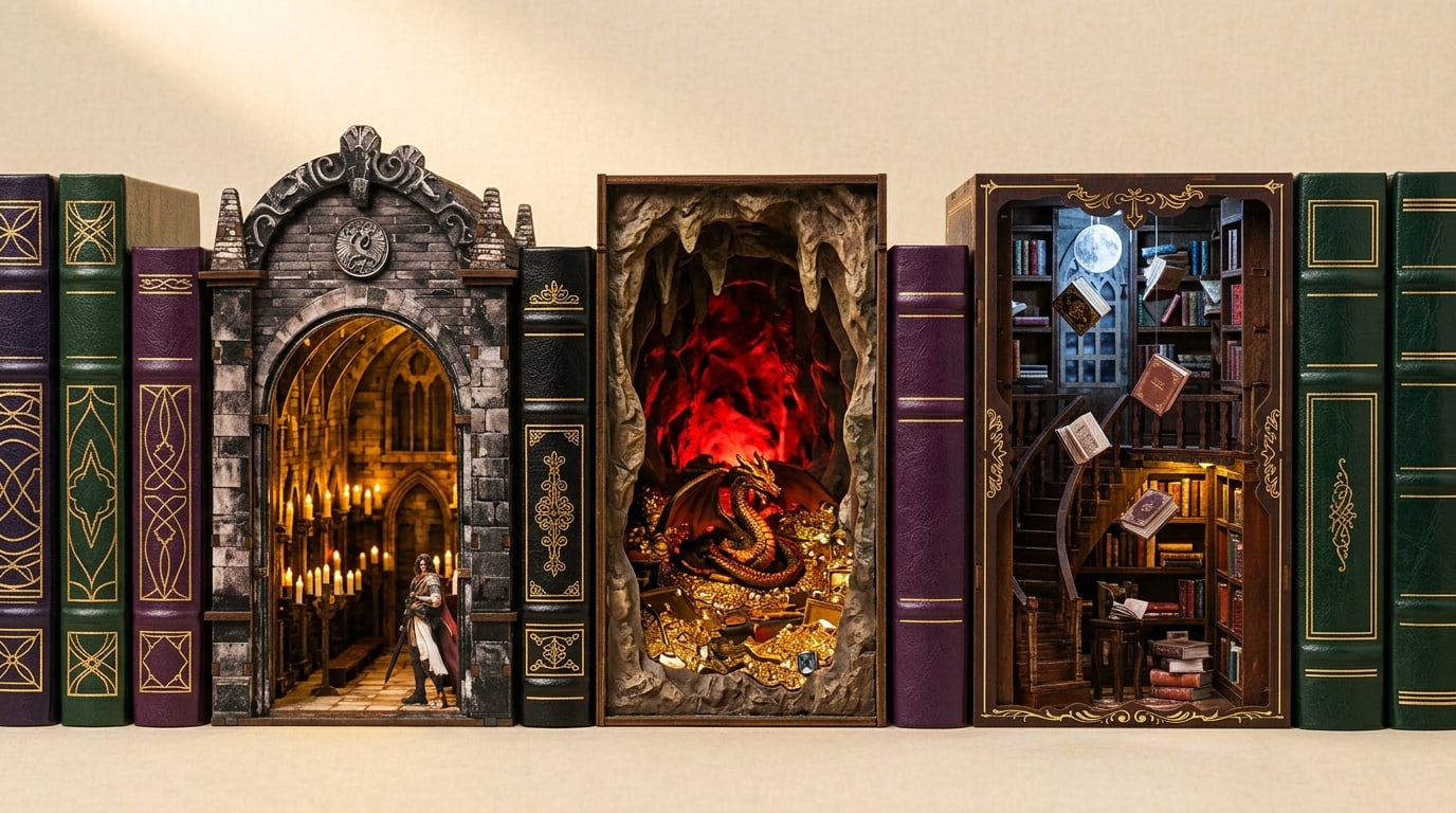 Book Nook Fantasy & Magie : Guide Hogwarts, Dragons et Univers Épiques · book nook · couverture article · Nookora