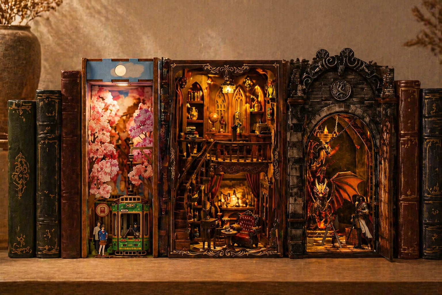 Trois book nooks Nookora japonais bibliothèque fantasy entre livres reliés cuir éditorial