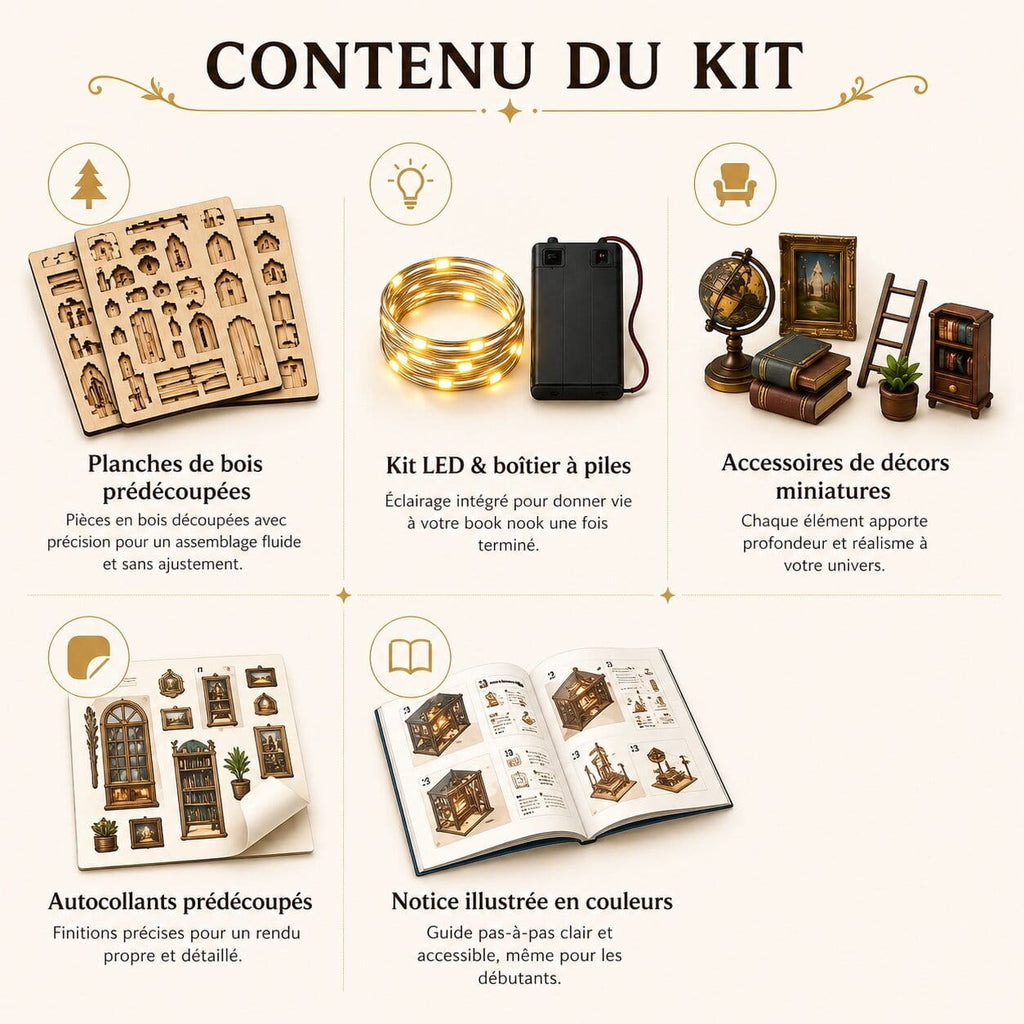 Contenu du kit Nookora · planches bois prédécoupées, LED USB, accessoires miniatures, autocollants, notice française illustrée · book nook DIY