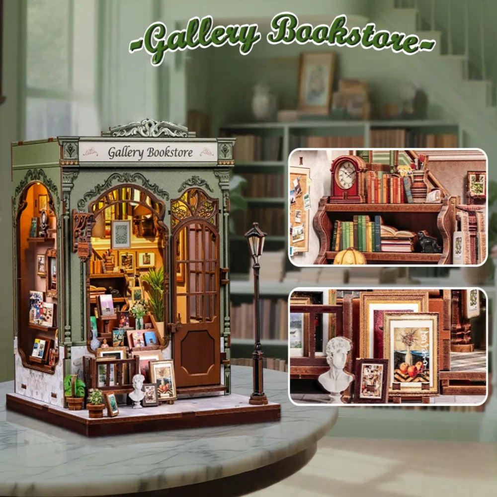 La Galerie-Librairie · maison miniature · kit book nook animaux, astronomie · Nookora atelier français