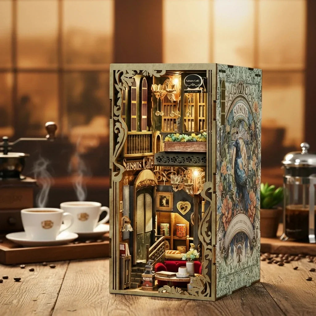 Le Café des Quatre Saisons · book nook amour, animaux miniature à construire · Nookora