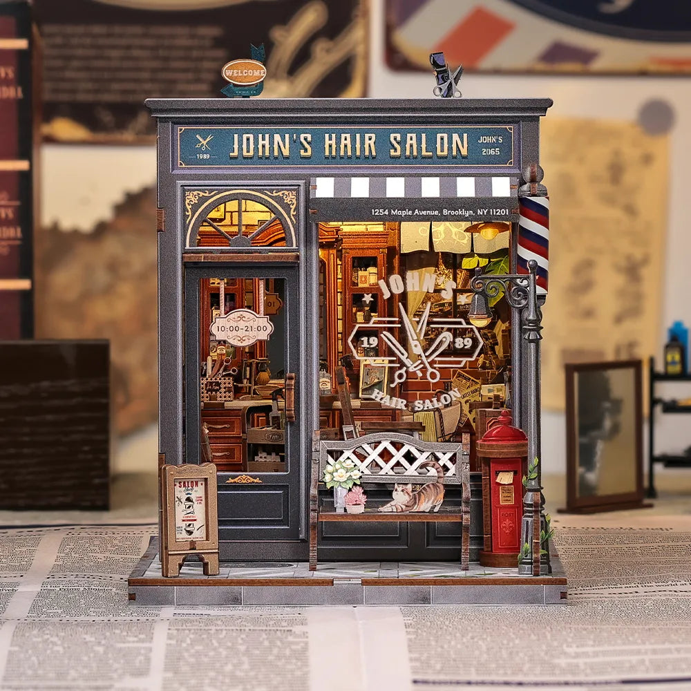 Le Salon de Coiffure de John · maison miniature · book nook americain, animaux miniature à construire · Nookora
