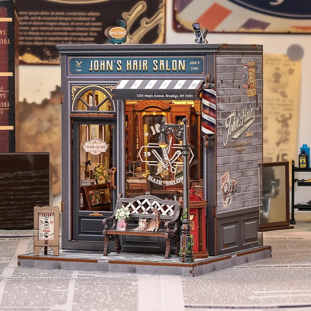 Le Salon de Coiffure de John · maison miniature · kit book nook americain, animaux · Nookora atelier français