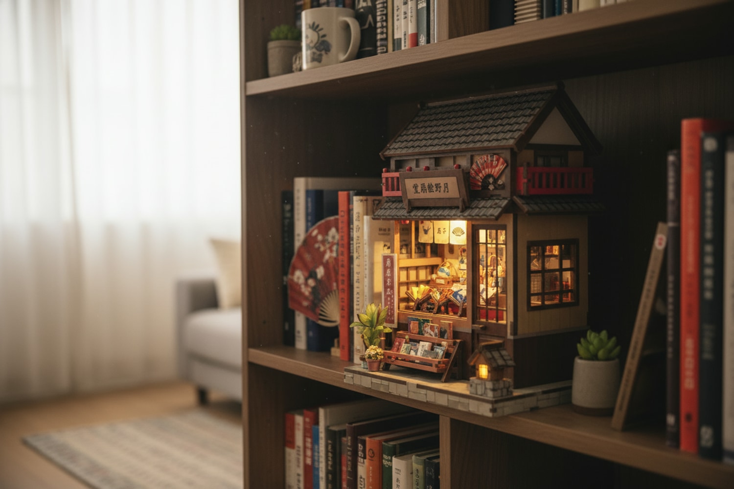 Détail des lanternes papier et toits courbés sur un book nook japonais