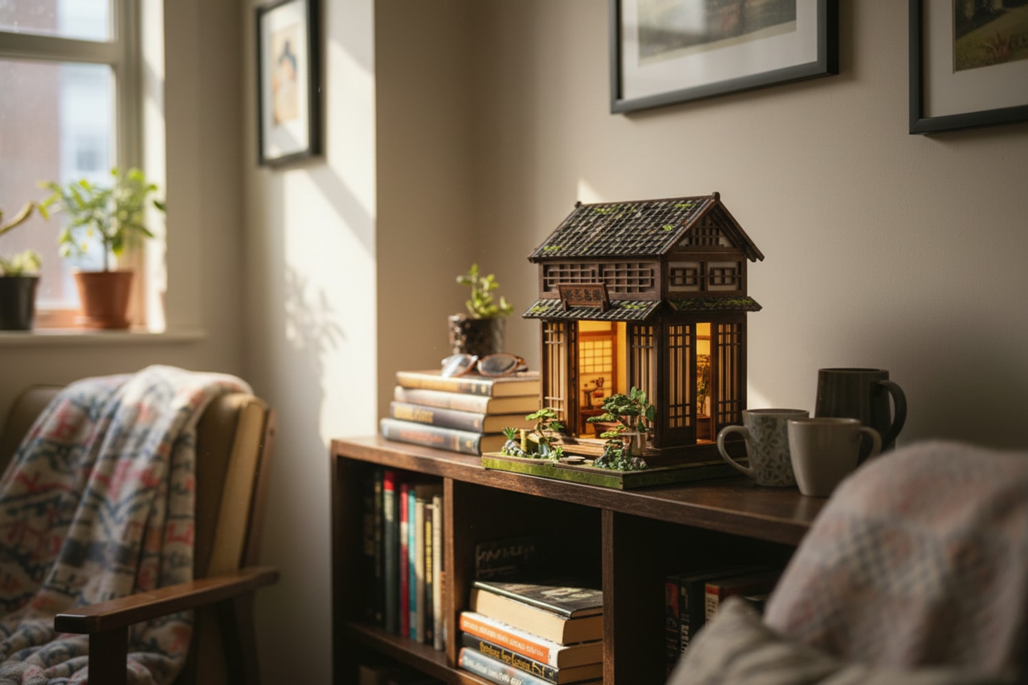 Sélection de book nooks d'inspiration japonaise sur une étagère claire