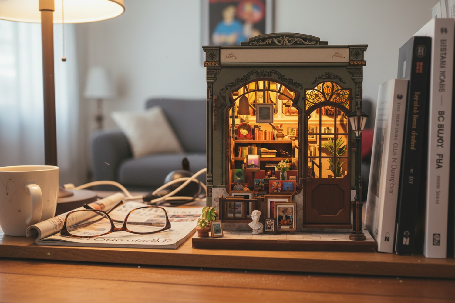 Premier book nook monté avec LED allumée glissé entre deux livres