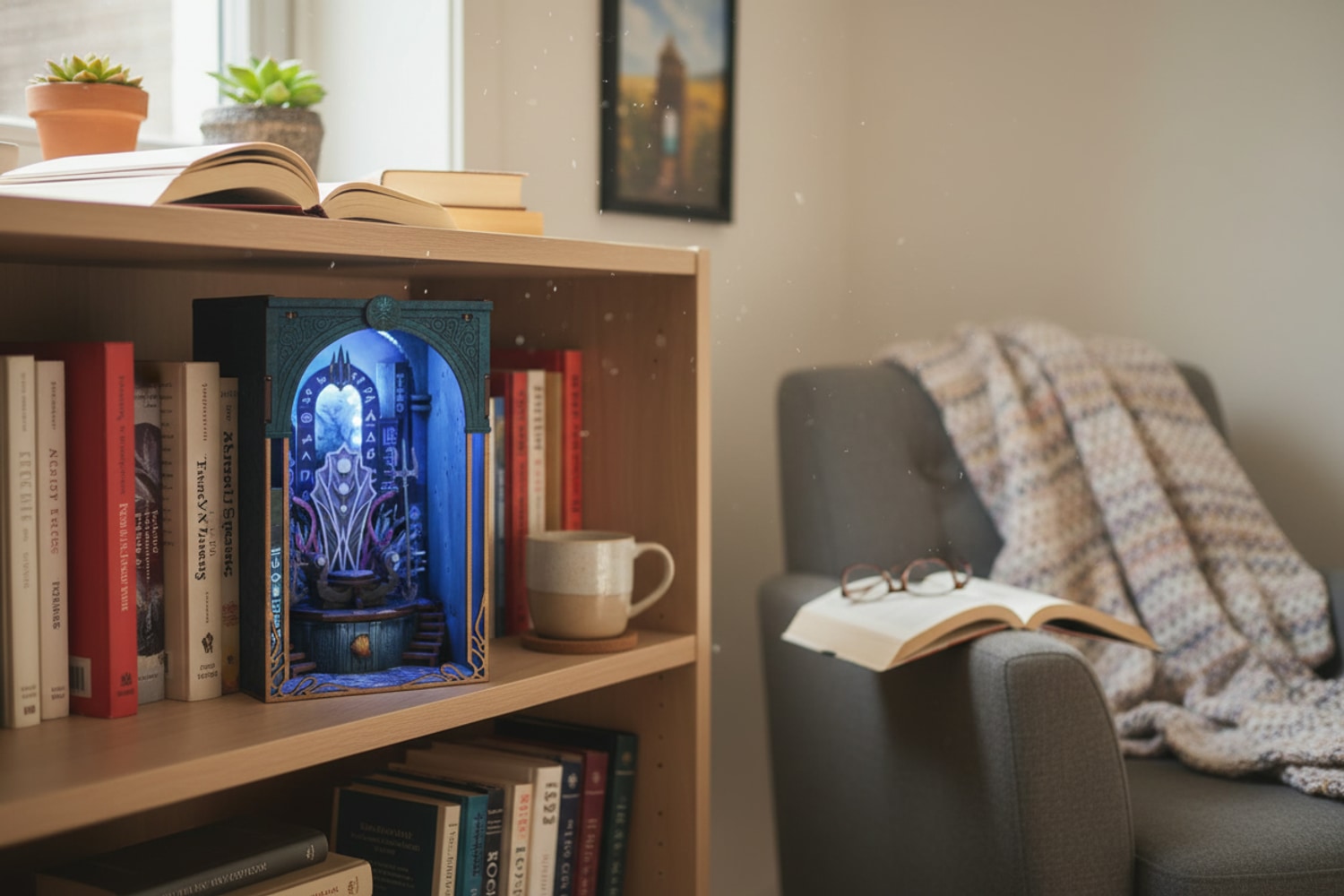 Personne qui hésite entre plusieurs kits book nook posés sur une table