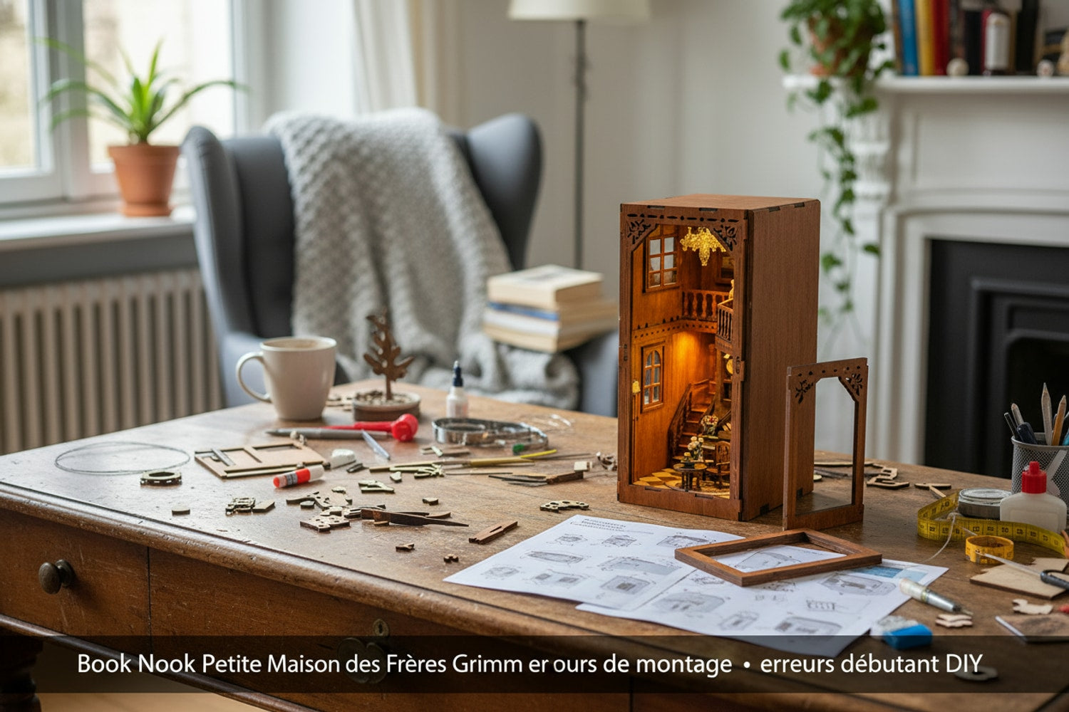 Pièces de book nook éparpillées sur une table avant tri et début de montage