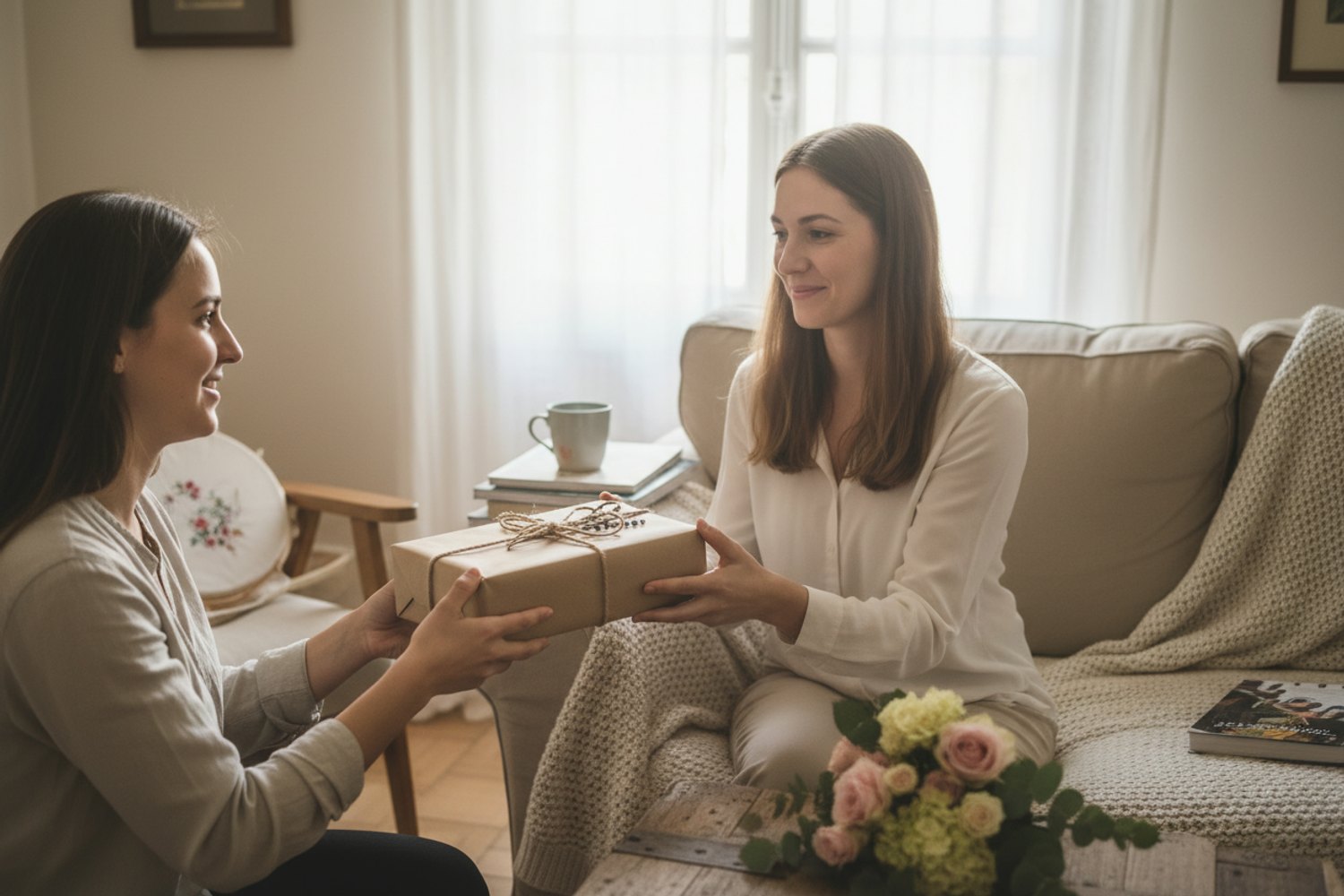 Une fille tend un cadeau emballé en kraft à sa mère assise sur un canapé beige · scène Fête des Mères book nook
