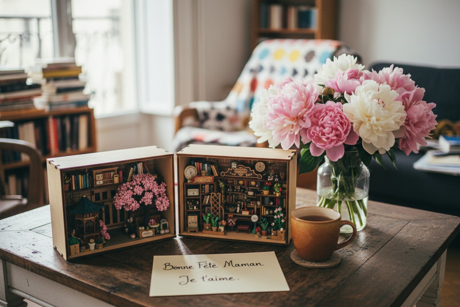 Trois book nooks Nookora posés sur la table d'un salon avec un thé, des pivoines et un mot manuscrit pour la Fête des Mères