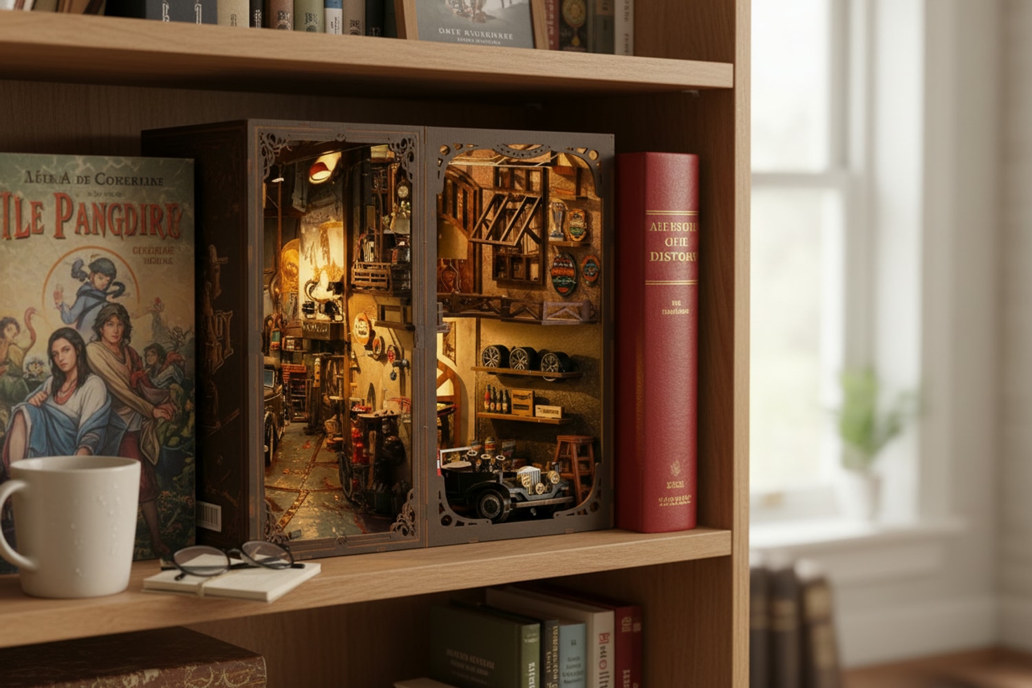 Pages d'une notice de montage book nook avec illustrations en couleur